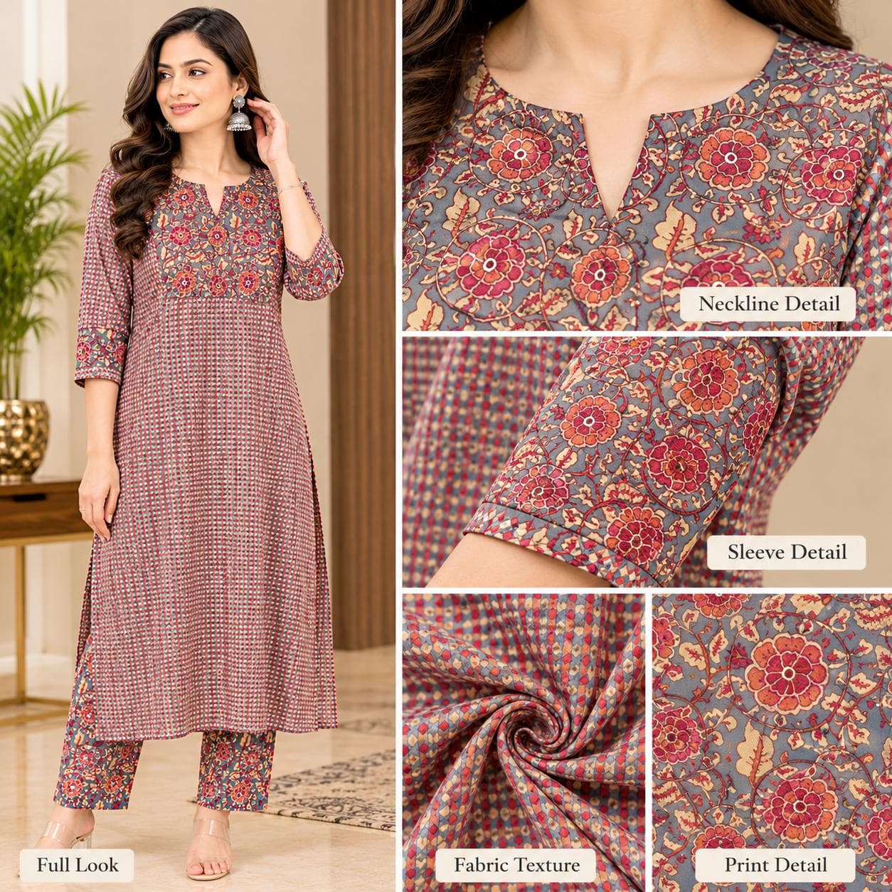 grey maroon printed kurti pant set
